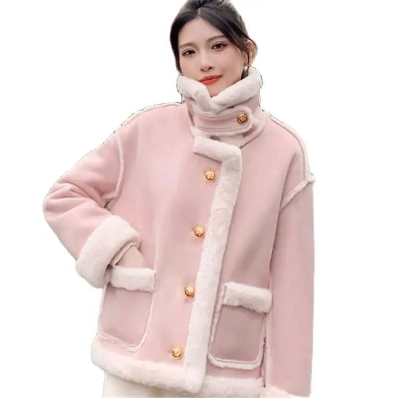 Autumn Winter Fur Integration Coat Women 2023 New Fur Collar Splicing Jacket Pure Colour  Single-Breasted Outerwear Female