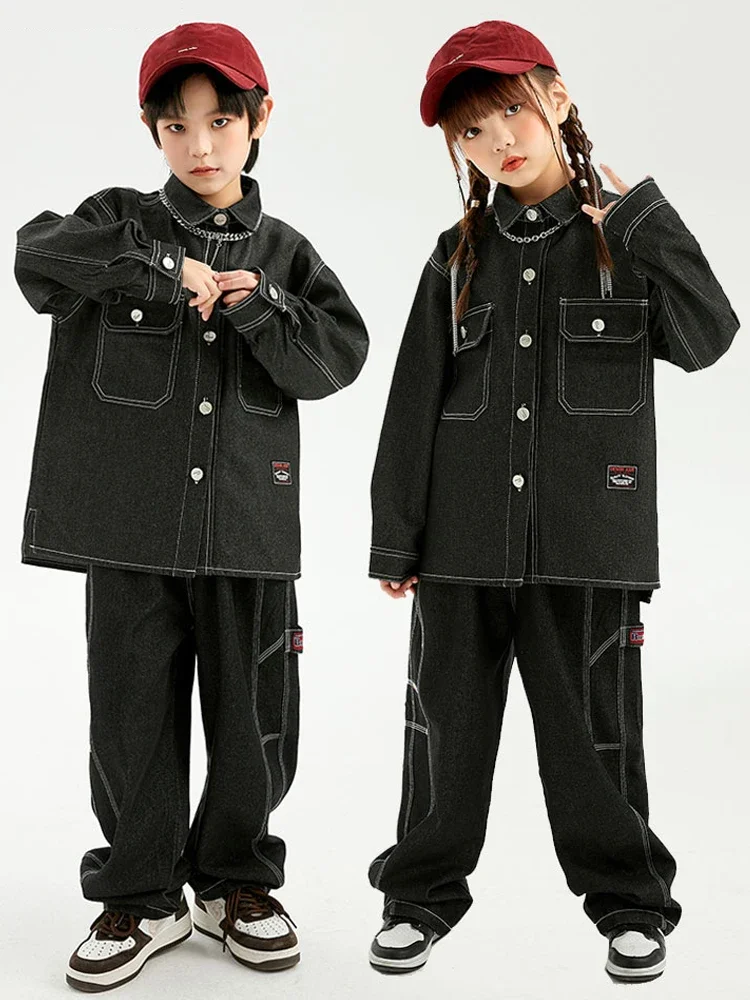 

Black Denim Suit For Girls Boys Hip Hop Dance Clothes Kids Long Sleeves Jazz Performance Costume Fashion Kpop Stage Wear BL9673