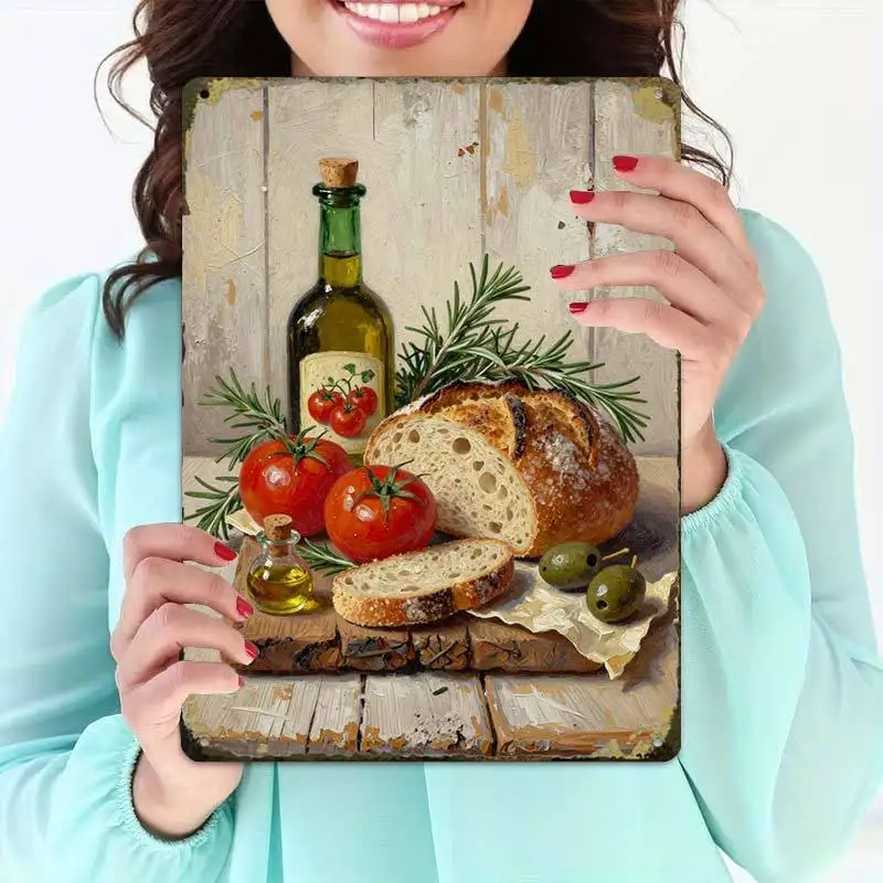 2D Flat - 2D-Flat, 1pc Rustic Olive Oil Bread Still Life Art, Creative Tin Sign Garage Decoration, Bold Lettering, High-Quality
