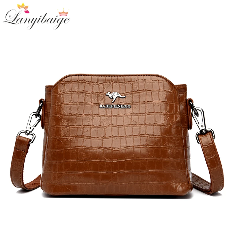 Genuine Leather Cowhide Crossbody Shoulder Bag Women 3 Layer Messenger Bag New Stone Pattern Female Purse Wild Handbag Bolso Sac