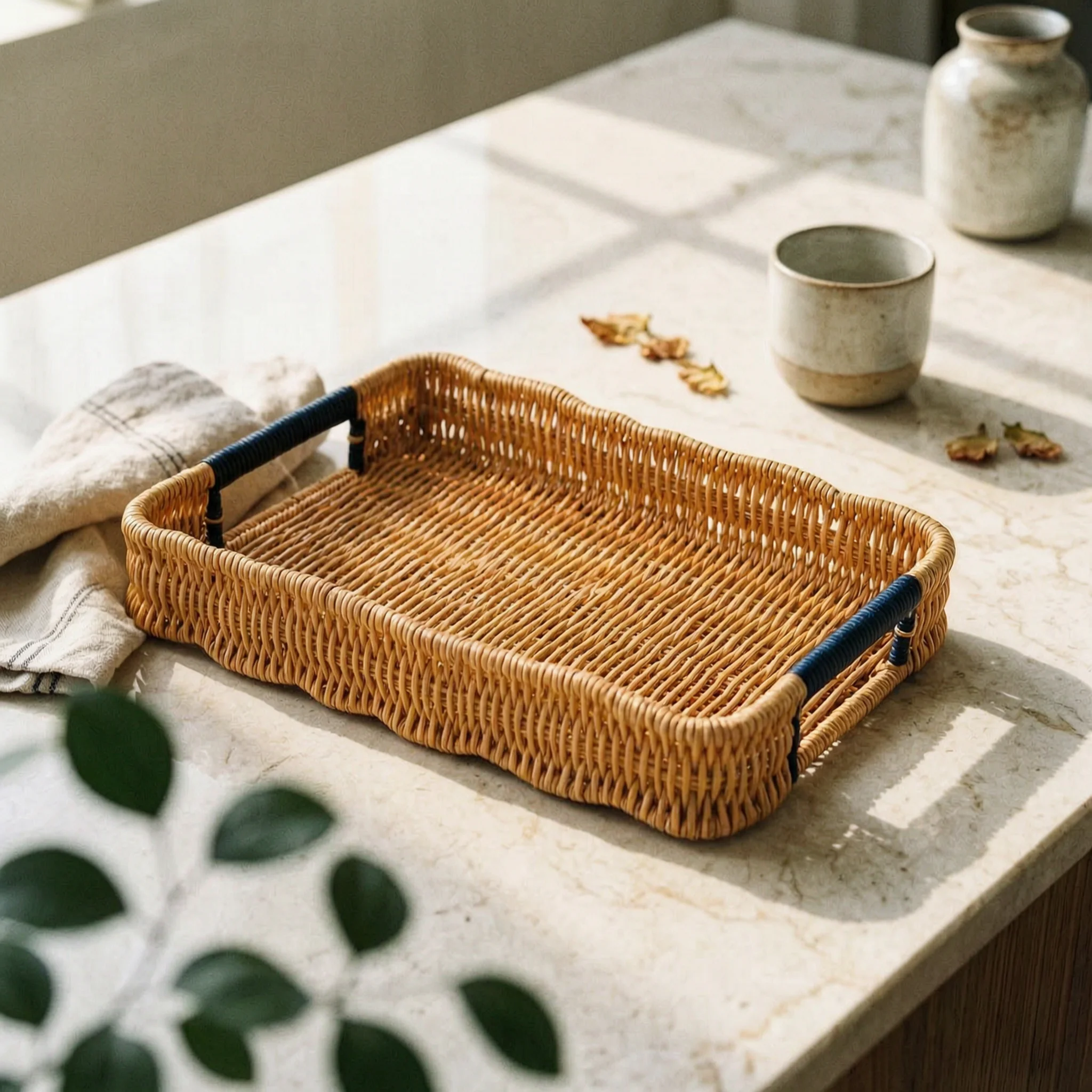 

Hand Woven Tray with Handles Scalloped Rim Woven Serving Tray exposedTop Natural Look for Home