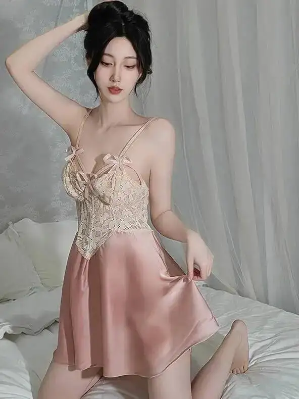 Abito a canotta sexy Abito in pizzo trasparente Bretelle a V profonde senza schienale Abito senza maniche con stampa floreale Bowknot Affascinante desiderio puro 7MAE