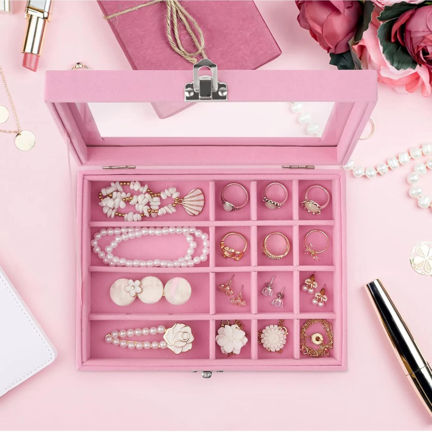 Gorąca sprzedaż Moda Przenośna aksamitna biżuteria Pierścionek Biżuteria Wyświetlacz Organizer Pudełko Taca Uchwyt Kolczyk Przechowywanie biżuterii