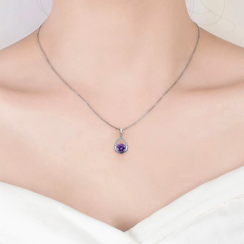 925 Sterling Silver Water Drop Zircon Pendant Necklace for Women Elegant Purple CZ Charm Choker Chain Fashion Fine Jewelry Gift
