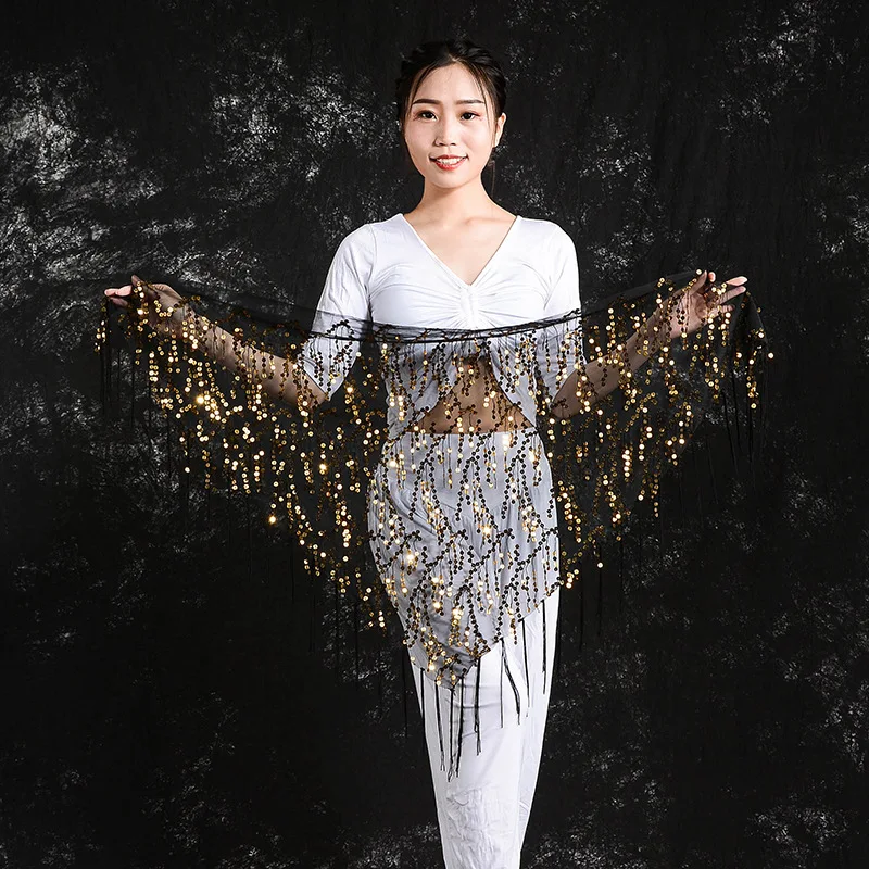 Best Seller Belly Dance Accessory Set | Sequin Fringe Triangle Scarf & Waist Chain, Performance Hip Scarf with Practice Skirt