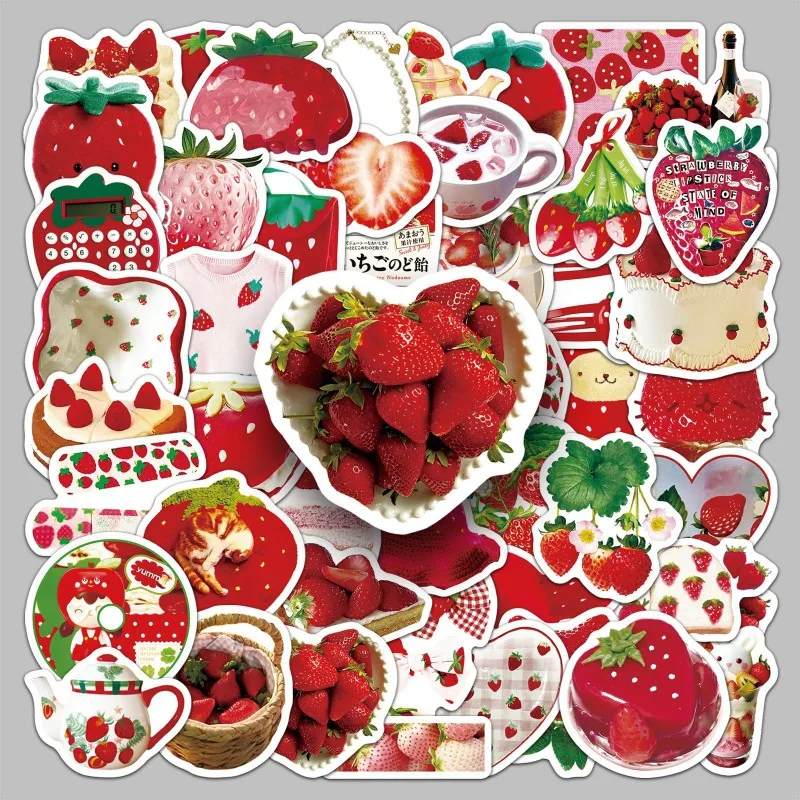 50pcs/set INS Korean Sweet Strawberry Sticker DIY Decor Scrapbook Journal Cake Fruit Decal Kawaii Red Color Dessert Sticker