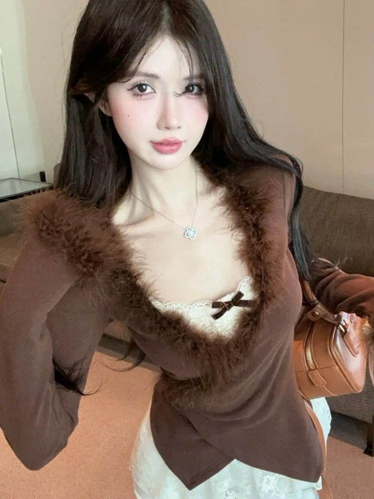 

Sexy Retro Knitted Sweater Set with Irregular Tying Fur Design V-Neck Slimming Cardigan Top plus Size Korean Style Winter Wear