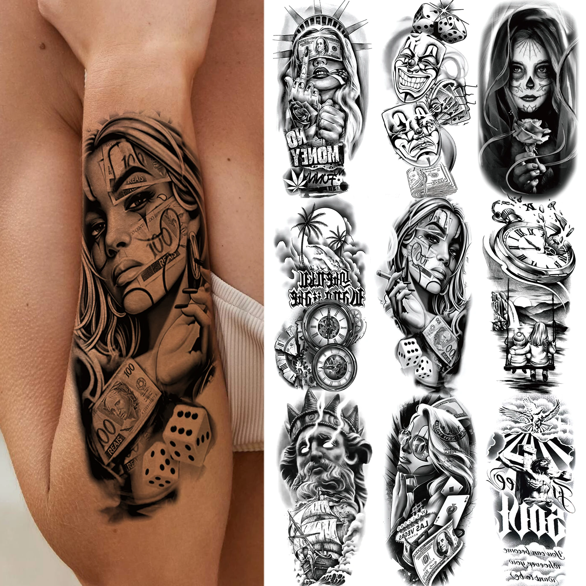 

1 Sheet Chicano Gangster Temporary Tattoos For Women Men Adults Virgin Mary Nun Black Fake Tattoo Halloween Dark Gothic
