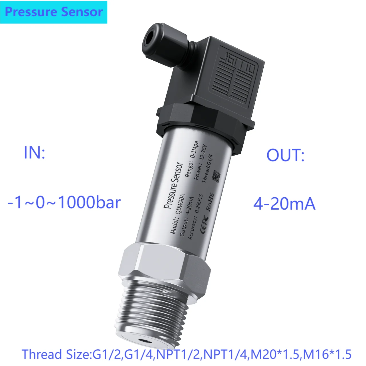 

4-20mA Pressure Sensor Transmitter 300Psi 10bar Gauge 24V Supply G1/4" Pressure 100bar 16 bar 20 bar 50 bar 300bar 250bar