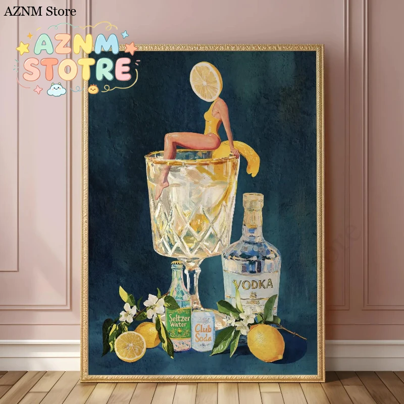 Vintage Fun Dirty Martini Bar Druck Retro Cocktail-Mädchen Taucht in Cocktailglas Bar-Kunstdruck Wandkunst für Zuhause Küche Deko