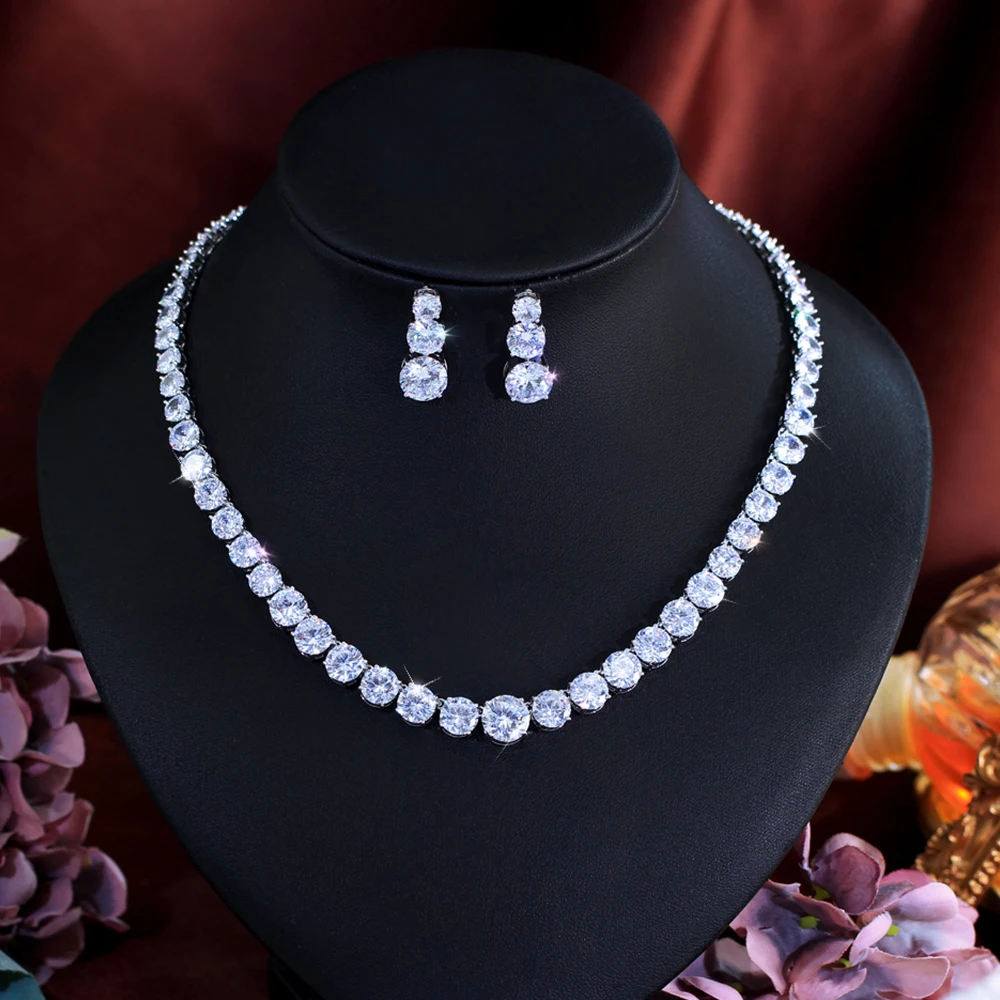 CWWZircons Prachtvolle Glänzende CZ Mode Braut Runde Halskette Ohrringe Sets für Frauen Hochzeit Abend Party Schmuck Großhandel T0997 – Detail 5