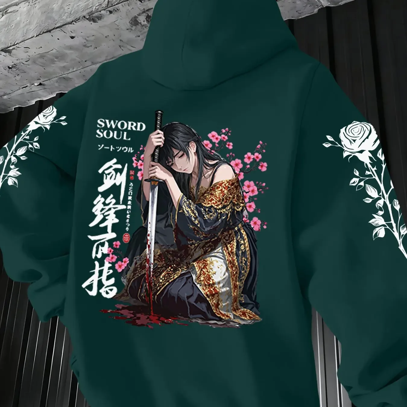 Sudadera con Capucha para Hombre, Cálida, de Forro Polar, con Estampado de Espada, Kanji y Flor de Cerezo, Estilo Coreano Y2K, Corte Holgado