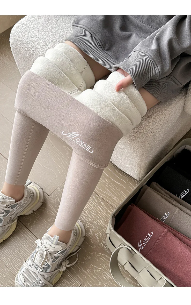Winter-Kaschmir-Leggings für Damen, solide warme Leggings, hohe Taille, schlanke, dehnbare Hose, große Größe, Hinzufügen von Samt und Verdickungshosen – Detail 18