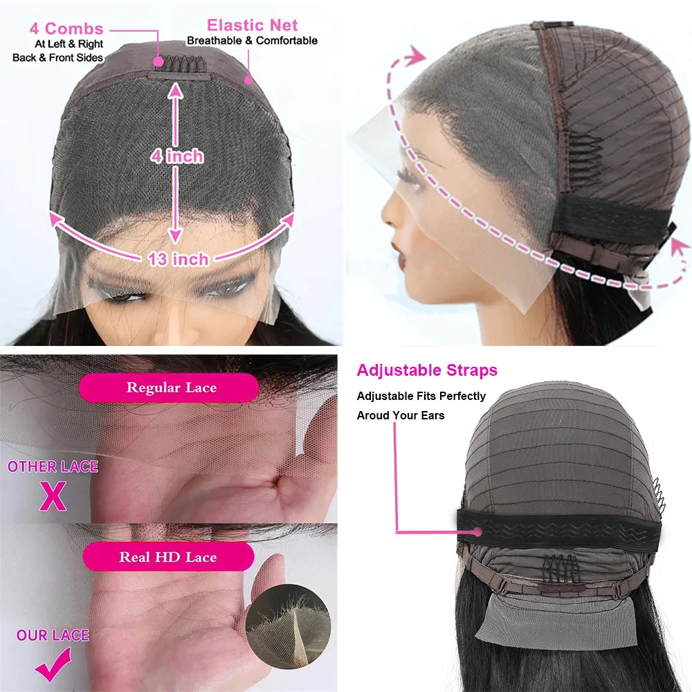 Pelucas onduladas de cuerpo de 30 pulgadas, cabello humano 13x4, pelucas frontales de encaje sin pegamento, pelucas de cabello brasileño de encaje transparente para mujeres