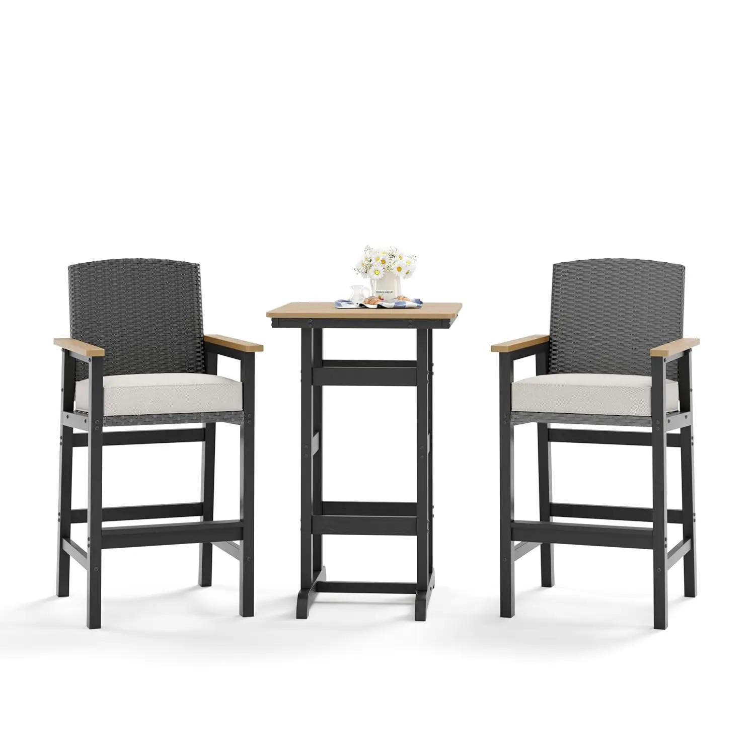 

Outdoor Bar Set 3pc 2 Wicker Back Stools Thick Cushions 42" Patio Table Cut-Out Legs Customized