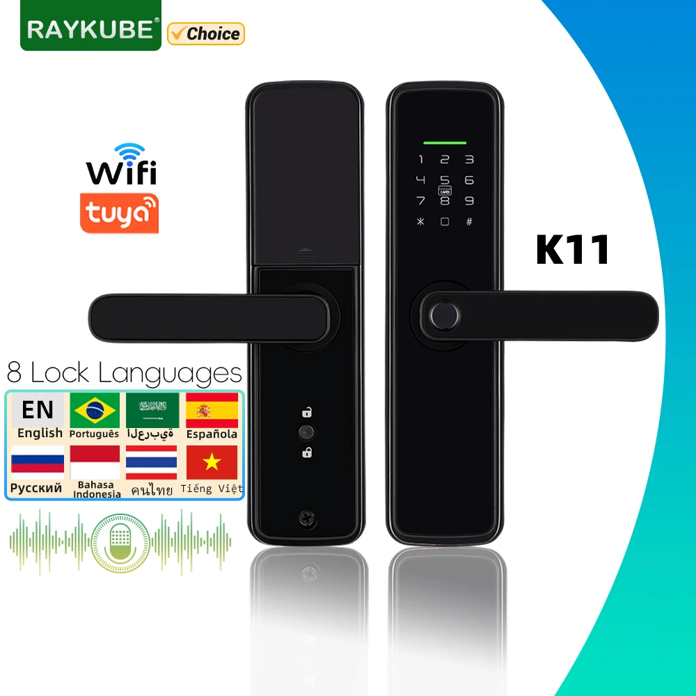 RAYKUBE K11 Tuya WiFi Biometric Fingerprint Lock Digital Electric Door Lock With 8 Lock Languages Password/Key/Card/APP Unlock