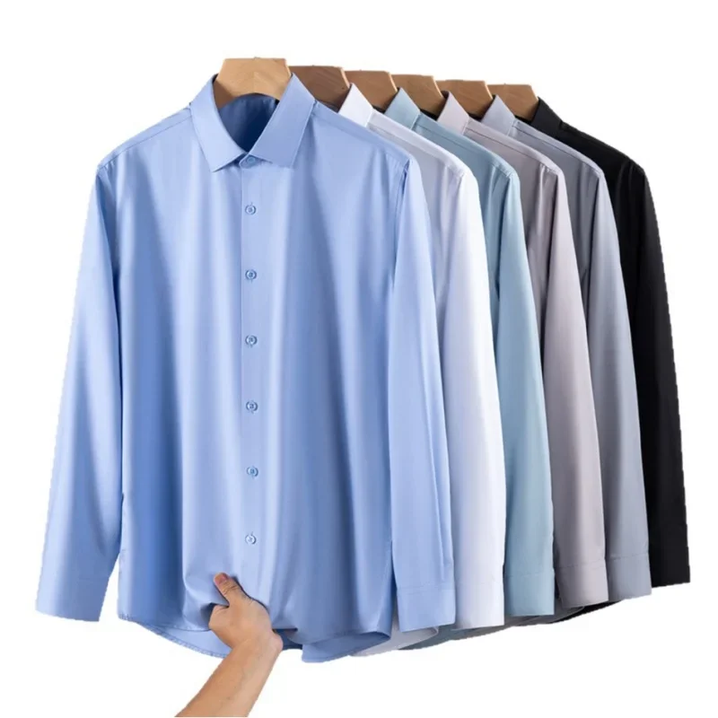 Men Shirt Bamboo Fiber Long Sleeve Anti-wrinkle Non-ironing Slim Fashion Casual Business Office White Blue Social Shirt  5XL