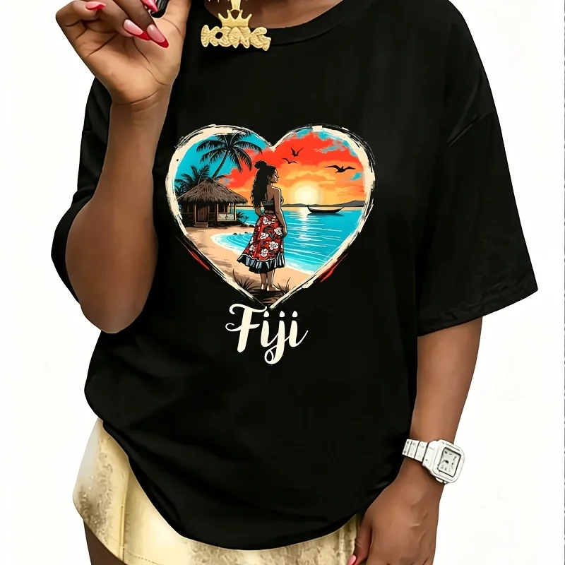 Feiji Island Sunset Beach Women's 100% Cotton T-Shirt Short Sleeve Top Casual Round Neck Fun Print Tee S-5Xl