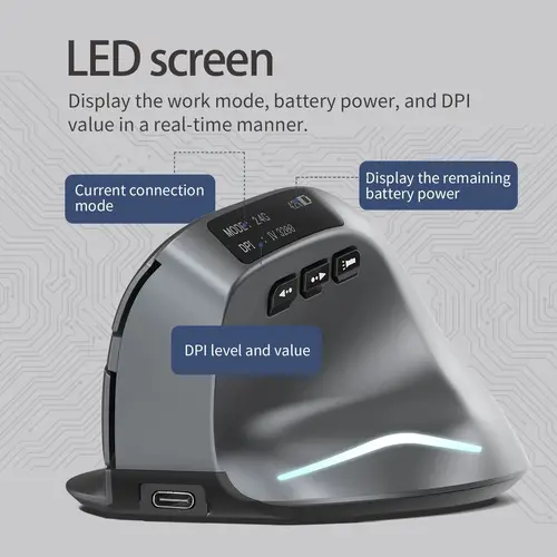 Imagen 2 del producto Ratón Vertical Lefon F26C, ratón ergonómico inalámbrico Bluetooth con pantalla OLED, ratón óptico recargable para juegos para PC y portátil