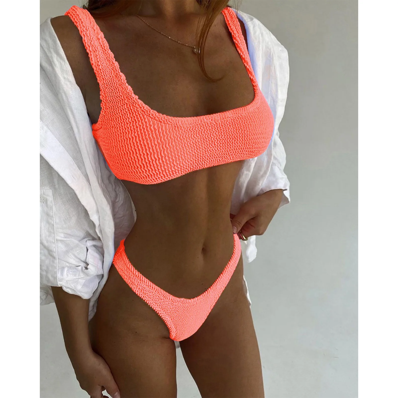 Women\'S Casual Macaron Color Crinkle Cloth Solid Bikini Split Swimsuit купальник 2024 тренд костюм женский Bikini TakıMı