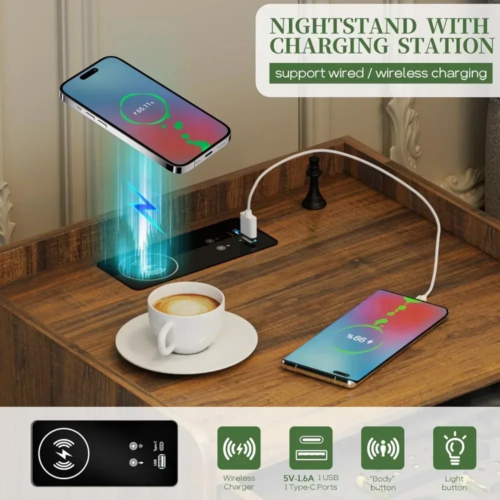 Nightstand with Lockable Gun Drawer, Night Stand with Charging Station, USB & Type-C Port, Modern Bedside Table with RGBLight