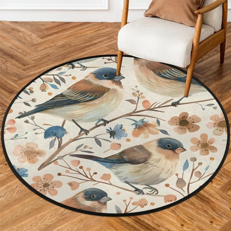 Watercolor Sparrow Bird Round Rug Spring Blossom Branch Circular Area Rug Non-Slip Floor Mat Cottage Style Living Room Chair Mat