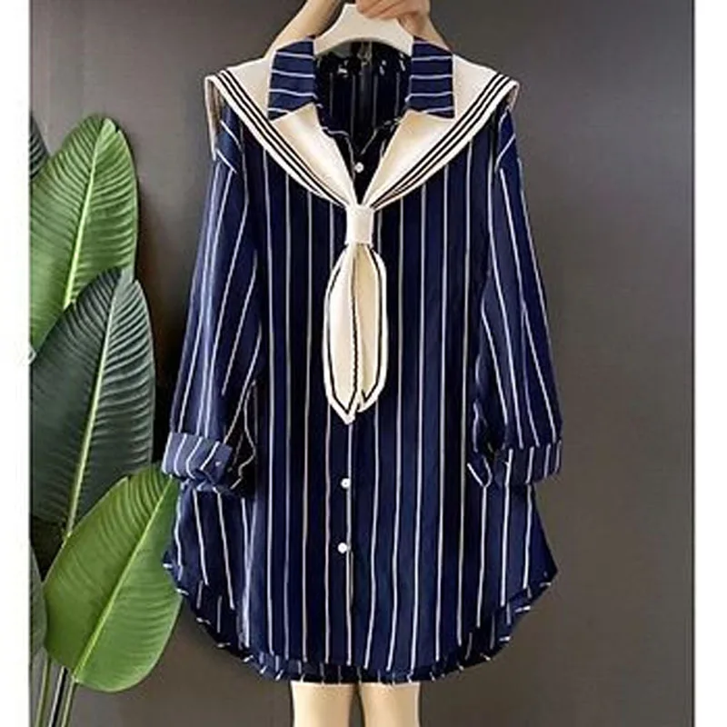 

Striped Printed Scarf Patchwork Female Shirt Fashion Autumn Women's Clothing Single-breasted Casual Turn-down Collar Blouses