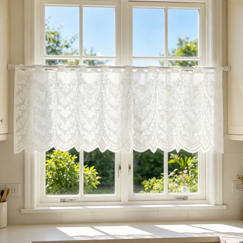 Retro White French Lace Half Curtain Wavy Edge Kitchen Short Curtain Bay Window Treatment for Home Decor