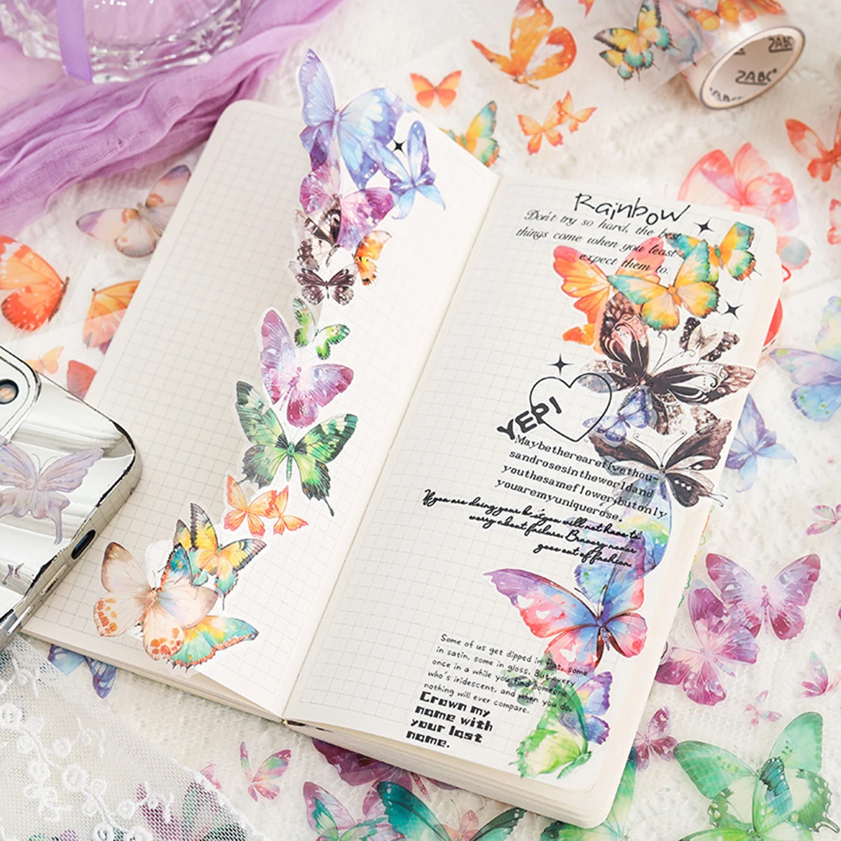 6 ロール/パック蝶花テーマテープ DIY ハンドブックジャーナル電話ケースガラスマグ装飾友人へのギフト