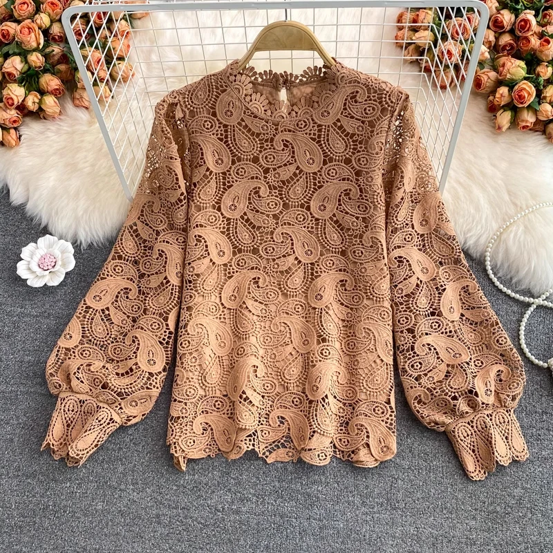 EWQ Fashion Lace Hollow Out Embroidery Blouse For Women Lantern Sleeves Solid Color Loose Tops Casual 2024 New Clothing 27C650