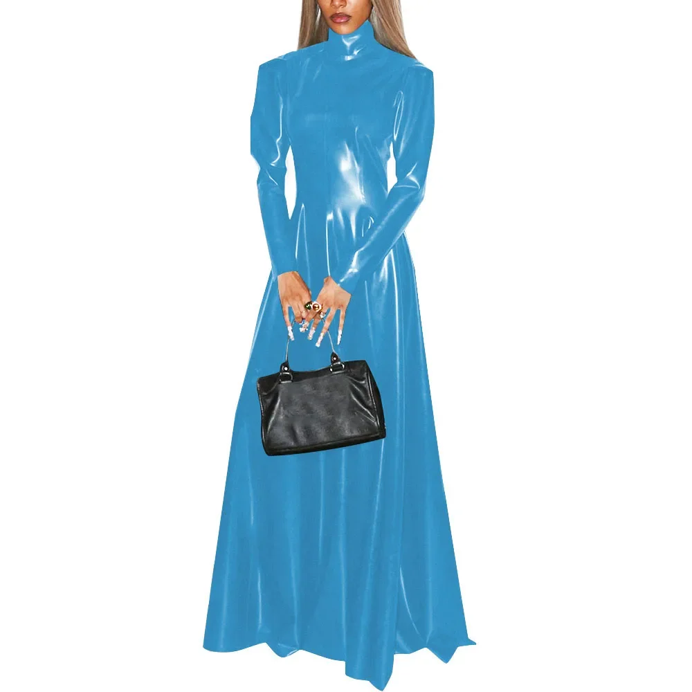 Women Faux Latex Elegant Dress Long Sleeve High Neck Sheath Maxi Dress Retro Patent Leather Stretch Pleated A Line Dresses