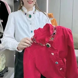 Beads Diamonds Stitch Cotton Blouses and Shirts For Women's Clothing Sales 2024 Spring Long Sleeve Tops Blusas