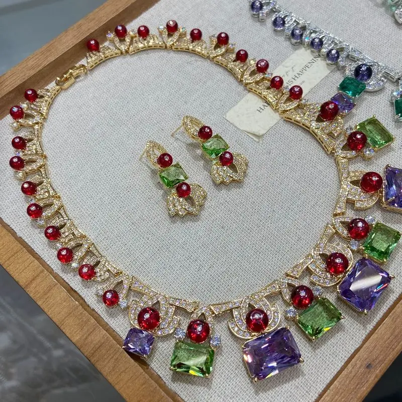 Women Fashion Mixed Color Square Stone Jewelry Set Sparkling Red Bead And Cubic Zirconia Necklace Earring Set Daily Jewelry