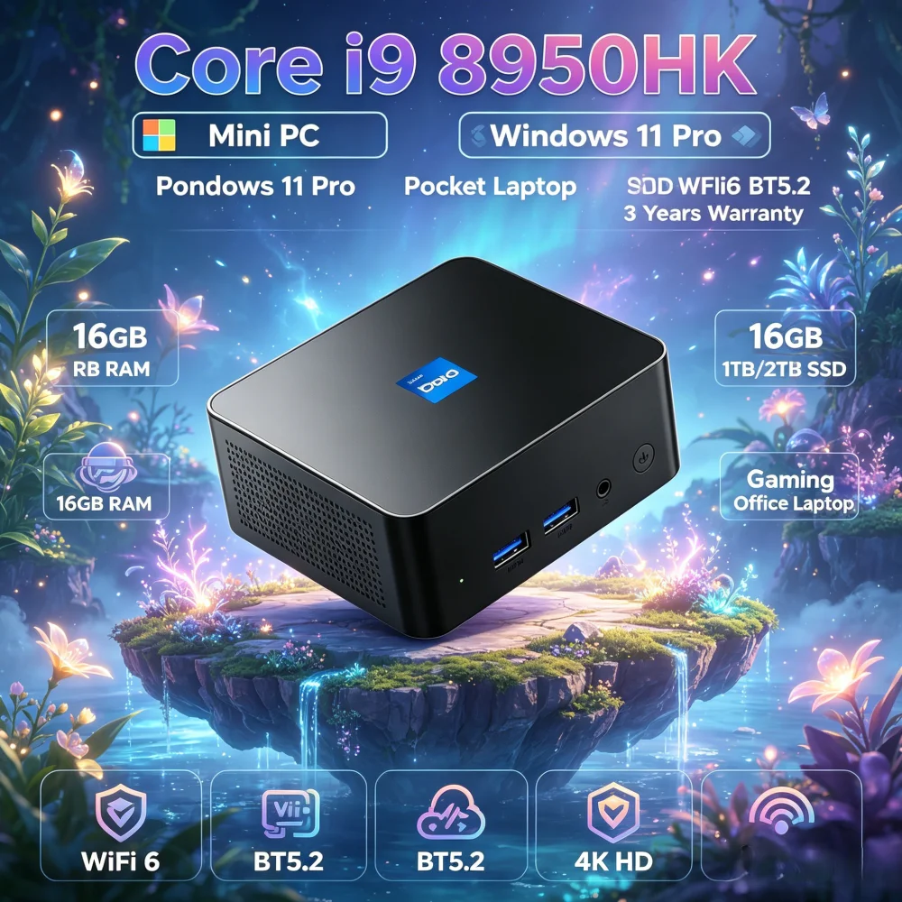 Core i9 8950HK Mini PC Windows 11 Pro Pocket Laptop 16GB RAM 1TB/2TB SSD WiFi 6 BT5.2 4K HD Gaming Office Laptop