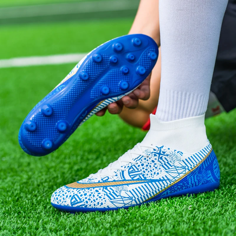 Sepatu sepak bola anak dewasa, sepatu sepak bola profesional, sepatu Futsal Spikes panjang dalam ruangan TF/FG pergelangan kaki tinggi, sepatu latihan rumput untuk pria dan wanita