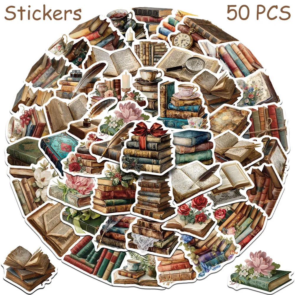 50pcs Vintage Books Stickers Decals For Laptop Scrapbook Suitcase Skateboard Helmet DIY Aesthetic Waterproof Stickers Gifts