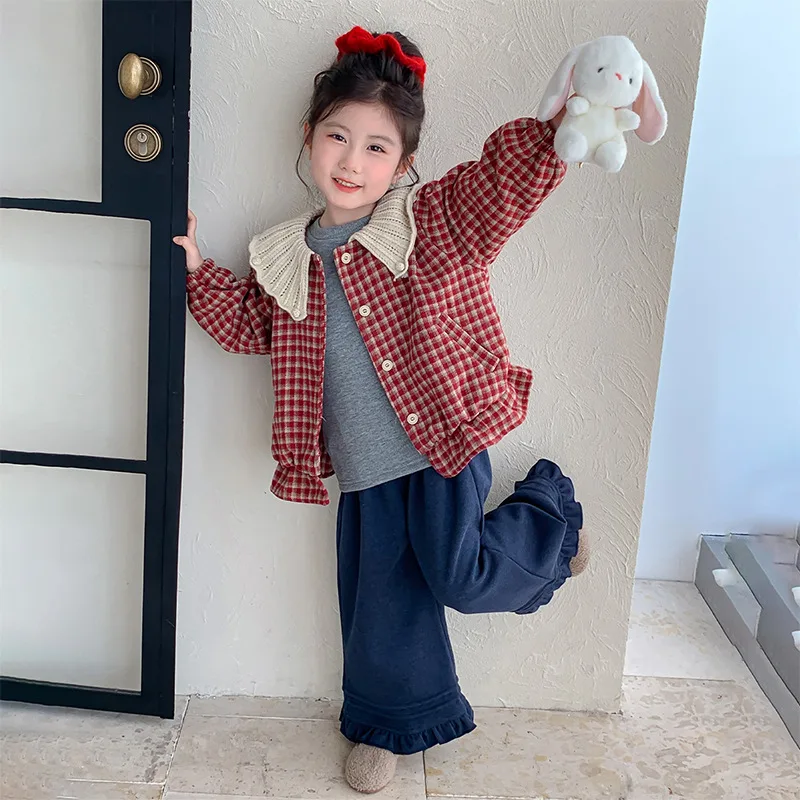 Girls' Suit, Spring and Autumn 2025 New Foreign Style Baby Girl Fashionable Plaid Three-piece Set, Children's Autumn Jeans