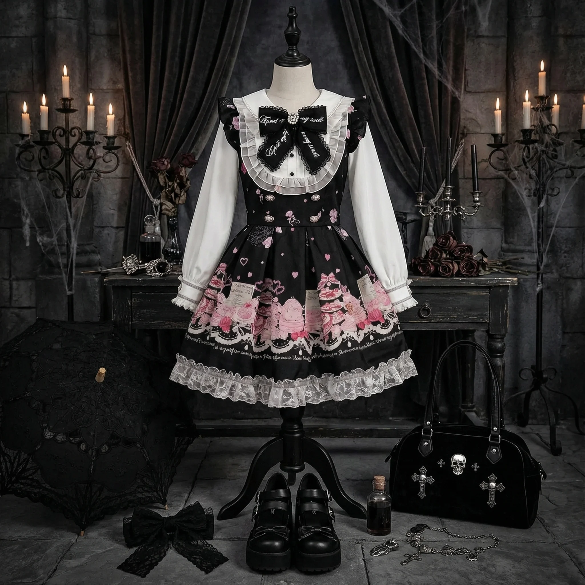 ชุดเซ็ต 2 ชิ้น สไตล์ญี่ปุ่น Y2K น่ารัก คาวาอี้ เสื้อแขนยาว + กระโปรงสั้น ลายพิมพ์น่ารัก สไตล์ลำลองสำหรับผู้หญิง แต่งโบว์และลายปะติด  ใหม่ล่าสุดประจำปี 2026