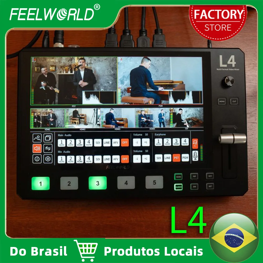 Do Brasil FEELWORLD L4 Switcher 10.1 Polegada Tela Sensível Ao Toque Multi-Câmera Mixer de Vídeo Switcher 4xHDMI 1xSDI USB3.0 Transmissão Rápida