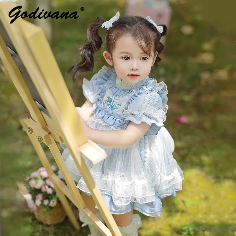 Sweet Baby Girls Spring and Summer New Tulle Lolita Dress Kids Ruffle Trim Mesh First Birthday Party Spanish Princess Ball Gown
