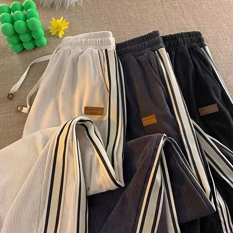 Corduroy Sweatpants Women Y2K High Waist Drawstring Wide Leg Trousers Bf Vintage Korean Streetwear All-Match Warm Straight Pants