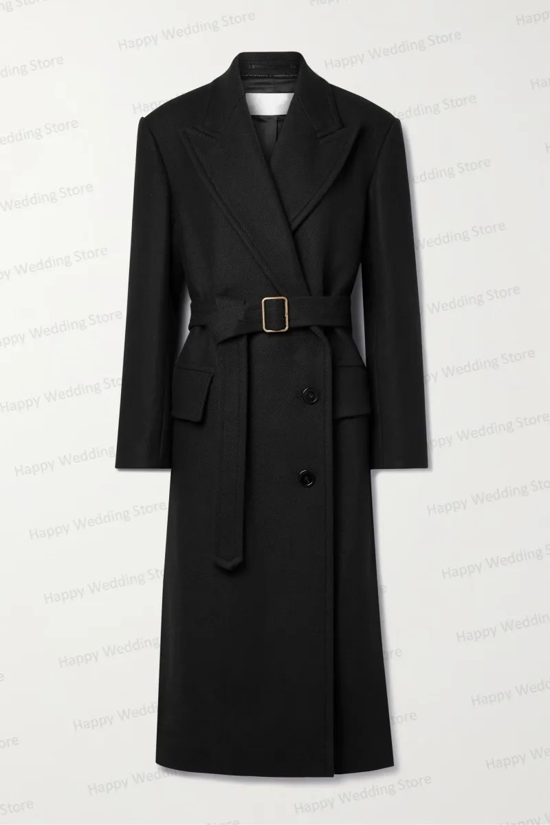 Black Woolen Women Overcoat With Belt Jacket Blazer Custom Made Fall Winter Thick Long Blazer Trench Coat Back Split Outfit