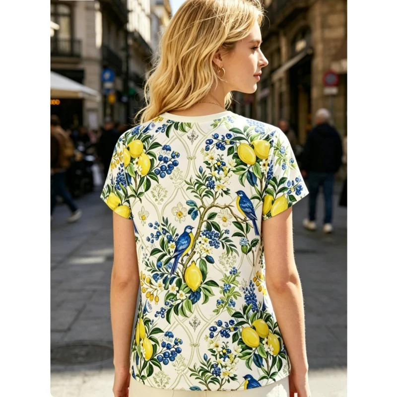 2026Lemon Bluebird Print T Women's T-Shirt Springtime Healing Feeling Everyday Casual Versatile Top