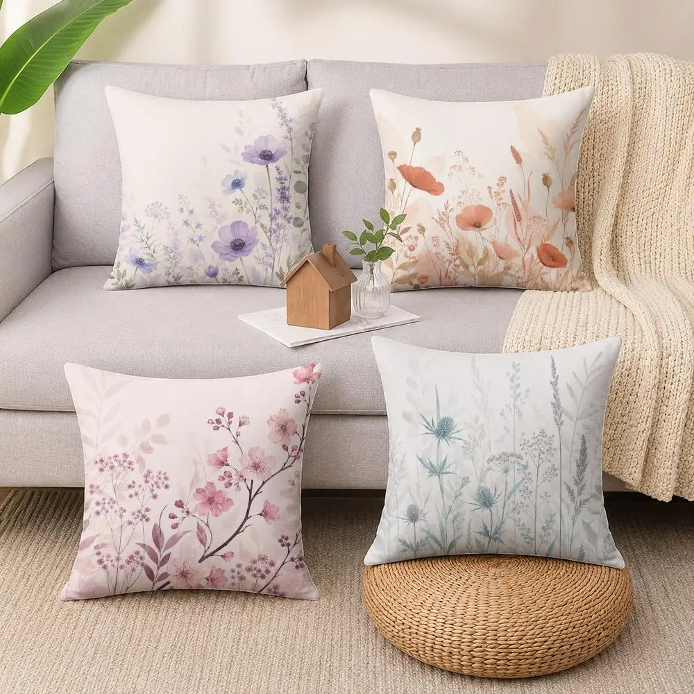 Watercolor Wild Meadow Floral Cushion Cover Soft Short Plush Pillow Cases Hidden Zipper Cutecore Sofa Bedroom Home Decor Gift