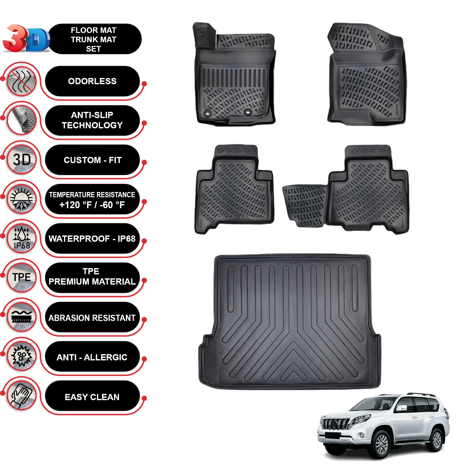 Toyota Land Cruiser Prado J150 - (-2009) - Floor Mats + Cargo Trunk Liner - SET