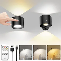 LED cabeça dupla lâmpada de parede com controle remoto, 360 ° Rotatable, USB Recharge, sem fio, portátil, Night Light para o quarto, lâmpada de leitura, Touch Control