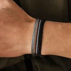 Bohemian Handmade Weave Thread Black Simple Rope Knot Vintage Tibetan Silver C-Bangle 3pcs/Sets Sport Jewelry For Men and Women