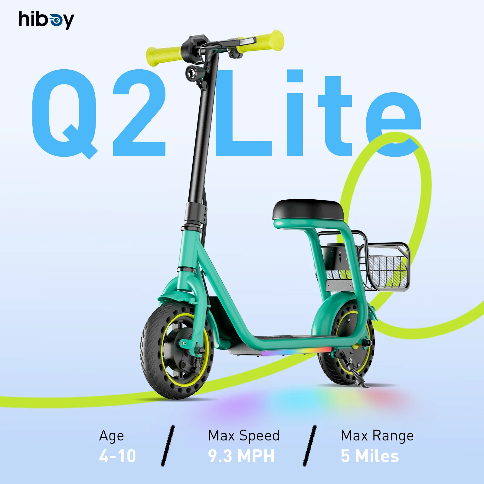 Hiboy Q2 Lite Electric Scooter for Kids with Seat, 9.3MPH Max Speed, 3 Adjustable Speeds, 100W Brushless Motor, LED Lights, Solid Tires Scooter for Boys Girls Ages 4-10