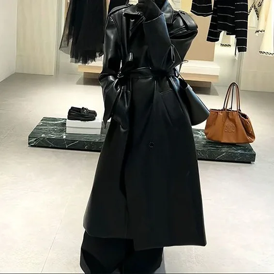 

High-end Leather Jacket Women's 2025 Autumn Fashionable Temperament Lapel Lace-up Waist Mid-length Leather Jacket Coat