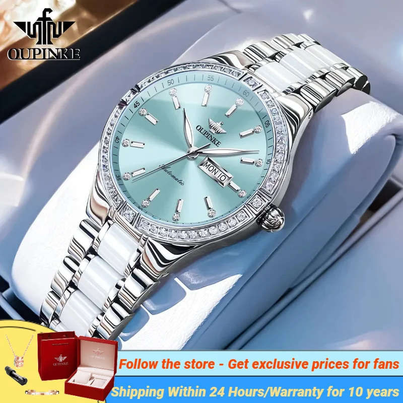 OUPINEK Luxury Brand Automatic Mechanical Wristwatch for Ladies Sapphire Mirror Ceramic Strap Dual Calendar Display Watches